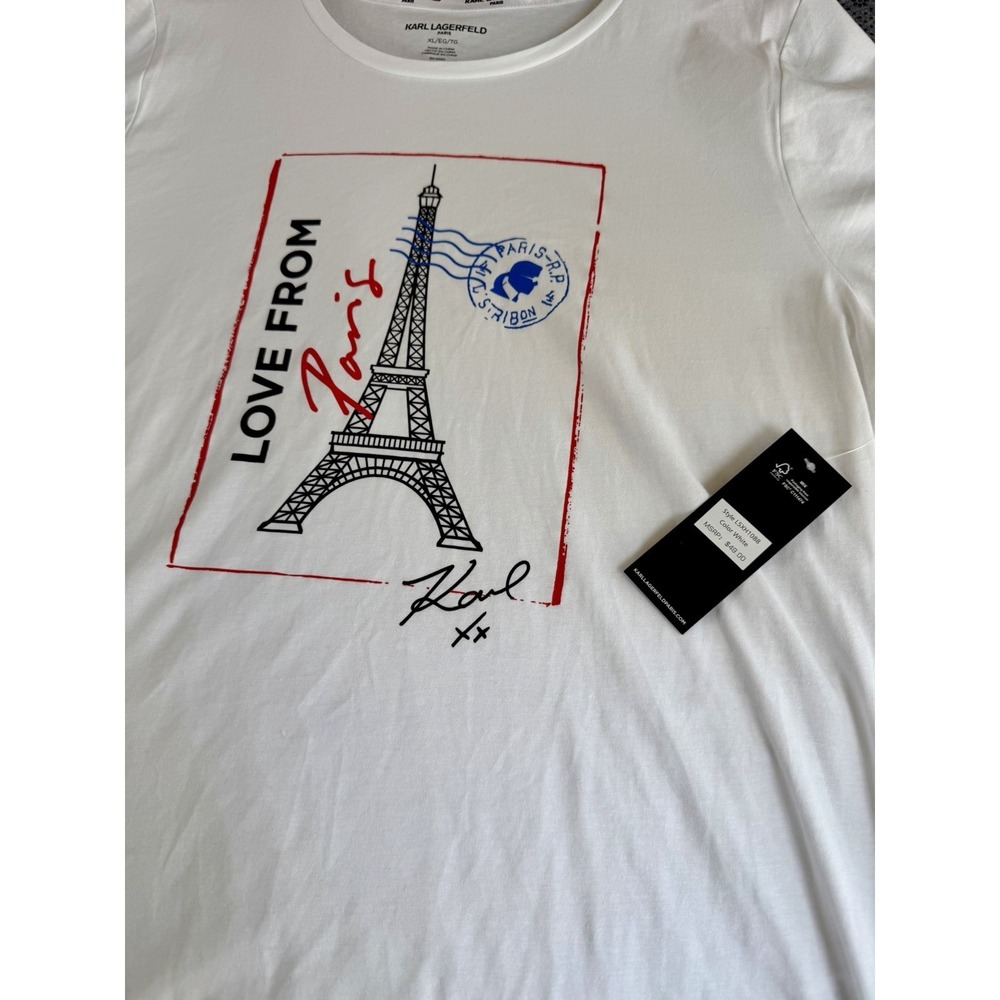 KARL LAGERFELD Womens Blouse XL Love From Paris White Crew Neck Short Sleeve NWT - Picture 4 of 10